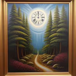 a painting of a forest scene is on display,painting of a path in the middle of a wooded area, with trees and a white clock,this painting is in the shape of a clock and its image shows a pathway leading into a bright sun,a picture frame with an artwork of a road going through the woods,a painting with a golden frame hanging on a wall