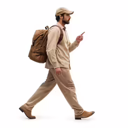 a man with a brown backpack walking while looking at something
