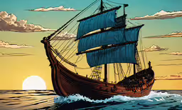 the pirate ship sailing on rough waves near the lighthouse,the old sailboat is sailing down the sea