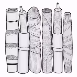 different kinds of umbrellas are shown in line,a group of different wrapped objects on a white paper