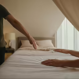 someone reaching for a human foot on a white bed