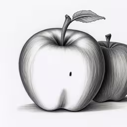 an apple with a leaf on top of it,a pencil drawing of two apple halves next to each other