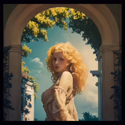 a blonde woman in an archway and trees