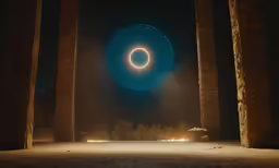 a dark sky background with a blue ring in the middle