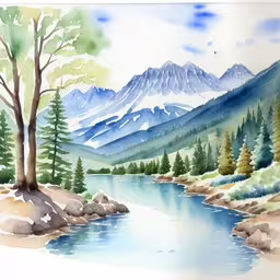 a painting of a mountain river near some mountains