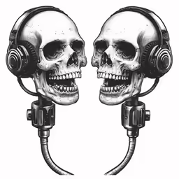 two skull heads wearing headphones with microphones around their necks