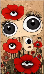 a large picture of a girl with two eyes sitting on the ground next to red flowers