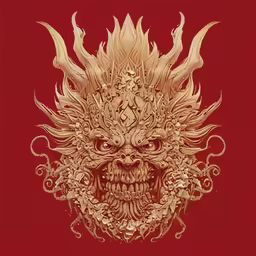 a mask that is drawn in gold with a red background