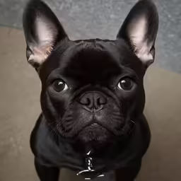 a little black dog looks up while standing