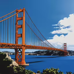 a golden bridge with blue water below on a sunny day