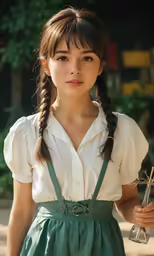 a girl wearing green overalls and holding an old cross