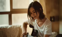 a woman holding a camera and looking at a photo book