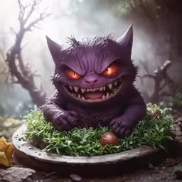 an evil creature with glowing eyes in the grass