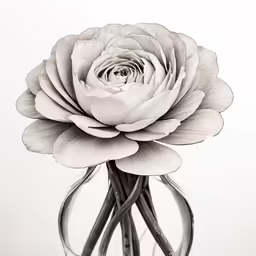 a black and white image of a rose in a vase