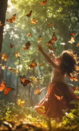 the girl is dancing through a field with butterflies