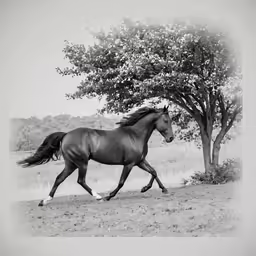 a black and white photo of a horse running under a tree