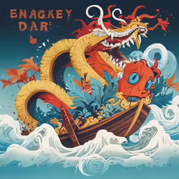 an illustrated dragon on a boat with waves and leaves