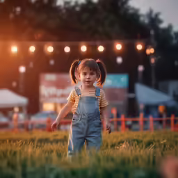 a little girl in overalls walking down a grassy field