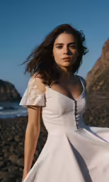 a woman in a white dress is standing by the ocean