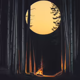 the silhouettes of trees are illuminated in the forest, with bright light