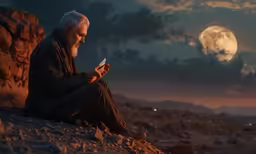 a man in grey and black outfit sitting on rocks near desert