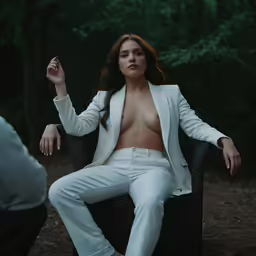 a woman with no shirt is sitting in a chair