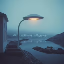 a lamp shines brightly in a foggy landscape