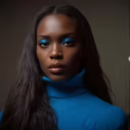 a woman with blue makeup is wearing a turtle neck