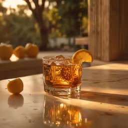 an image of a glass of alcohol with oranges on the table