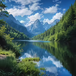 the view looking over a mountain lake, near the forest