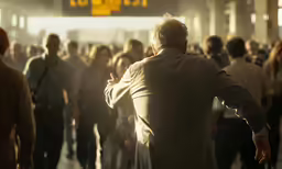 a man stands in a crowded crowd looking towards an exit
