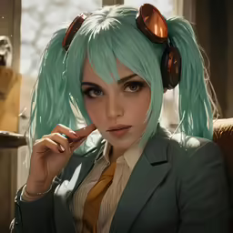 a woman with green hair wearing brown headphones