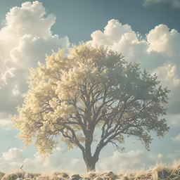 a tree in a field next to some clouds