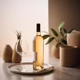 a wine bottle, wine glass and saucer on a counter