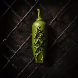 an artistic green bottle sits on the fence