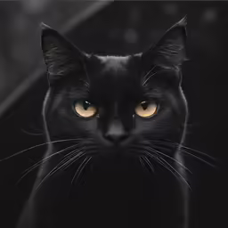 a black cat is looking straight ahead with big yellow eyes