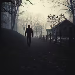 the man is walking on the path between trees