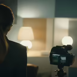 woman filming her apartment at night using her digital camera