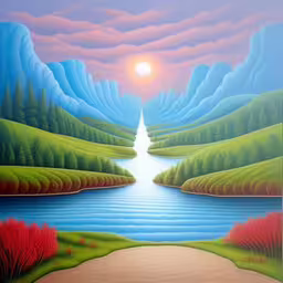 a painting of a river and mountains with the sun in the background,this is a painting of a road that has a lake, and mountains with trees and grass growing along the edge,painting of a river with mountains and trees at sunset,painting of the river and green hills at sunset,a painting shows a river with blue and green mountains at sunset