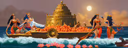 three beautiful woman dressed as indian goddesss floating on a boat,five women stand on a giant golden boat while in the water