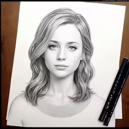 a pencil drawing of a female with blue eyes