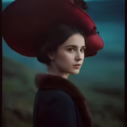 the girl with the red hat looks into the distance