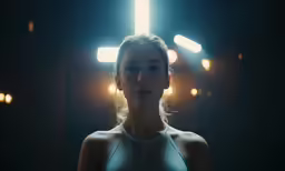 a woman standing in the dark looking away from the camera