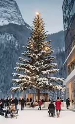 a large christmas tree is in a snowy field next to a building
