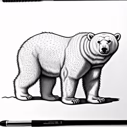 the drawing of a polar bear is displayed on the white paper,a white polar bear that is drawn in line,a drawing of a bear is on paper,a polar bear standing on the ground in the arctic,a drawing of a white bear on paper