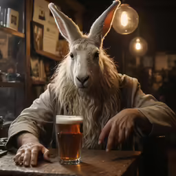 a sheep sitting behind a bar with a glass in it