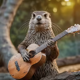 otter holding guitar in its paws in front of trees