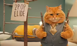 an orange cat wearing a suit and tie and holding two swords