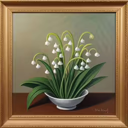 a painting with a bowl of flowers in it,painting of lily of the valley with ornate gold frame,a painting of a white flower in a bowl on a table,a painting of lilies in a white bowl,a painting of white flowers in a white bowl
