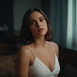 a woman in a tank top sitting on a couch with a concerned look